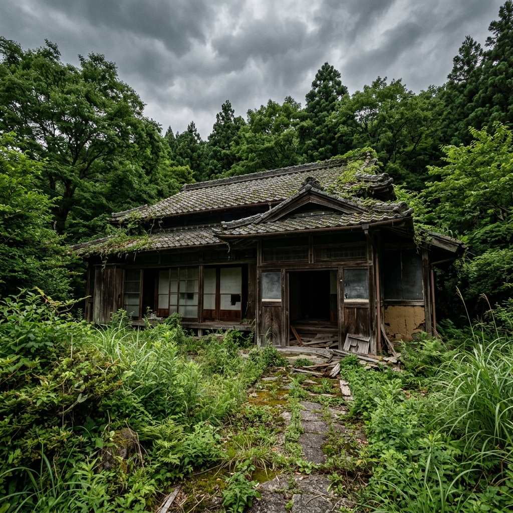 ツタや草木が生い茂る倒壊寸前の空き家