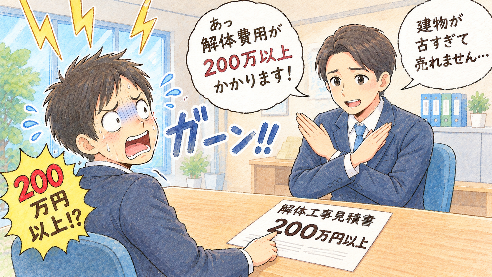 不動産屋で解体費用200万円と言われショックを受ける男性