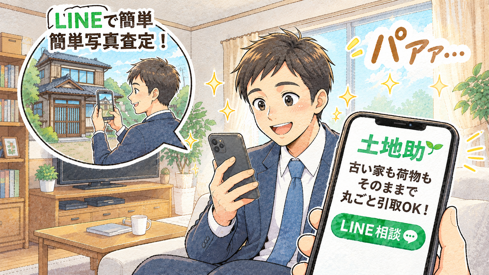 土地助を発見しLINEで実家の写真を送る男性