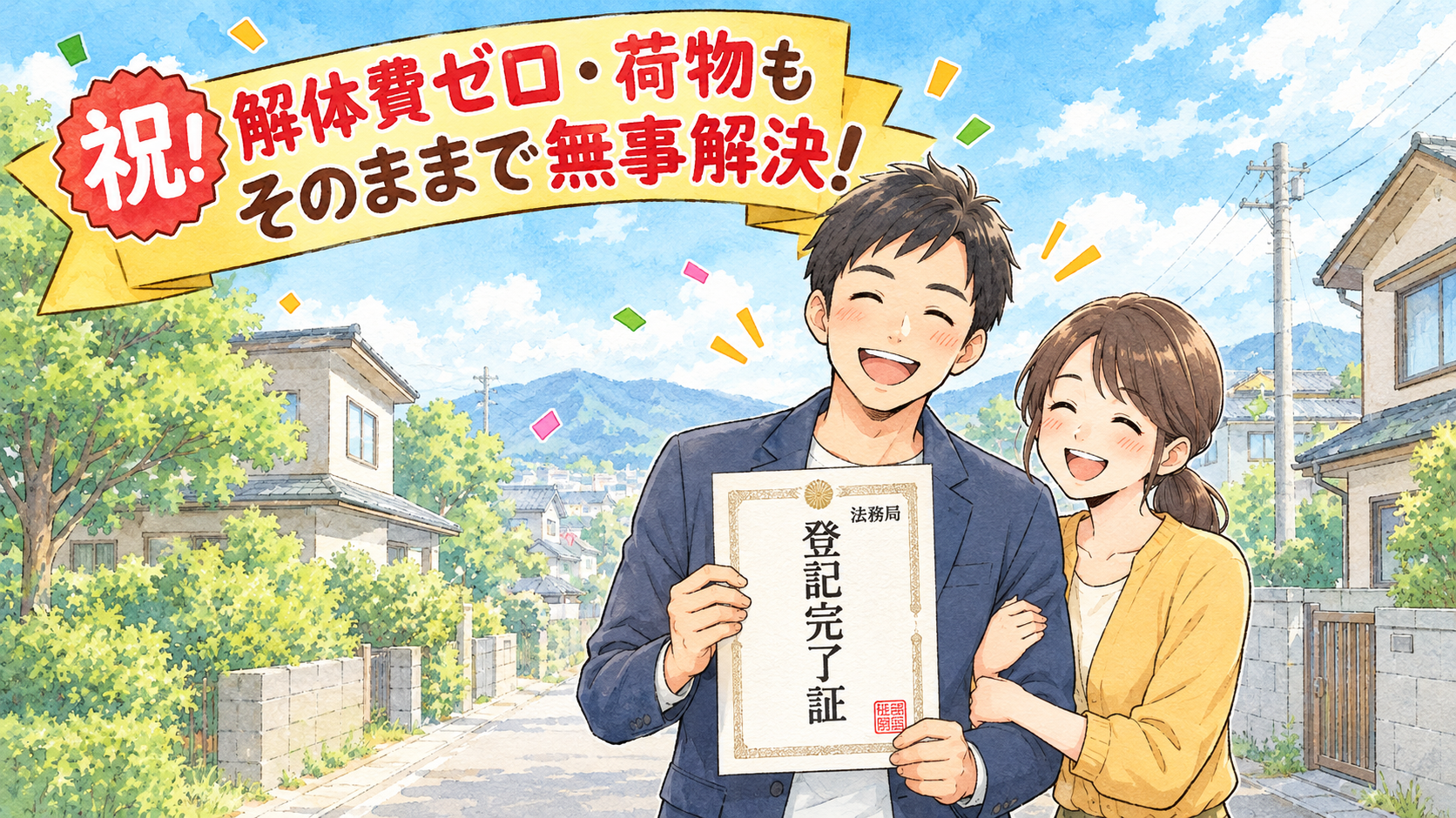 登記完了証を手にして笑顔で解決を喜ぶ兄妹